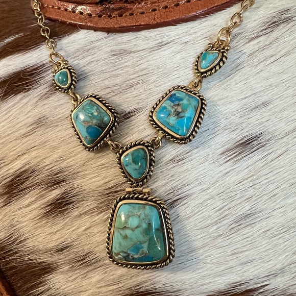 ✨New Genuine Blue Turquoise Stone Pendant Boho Necklace Statement Jewelry Brass - Picture 13 of 13